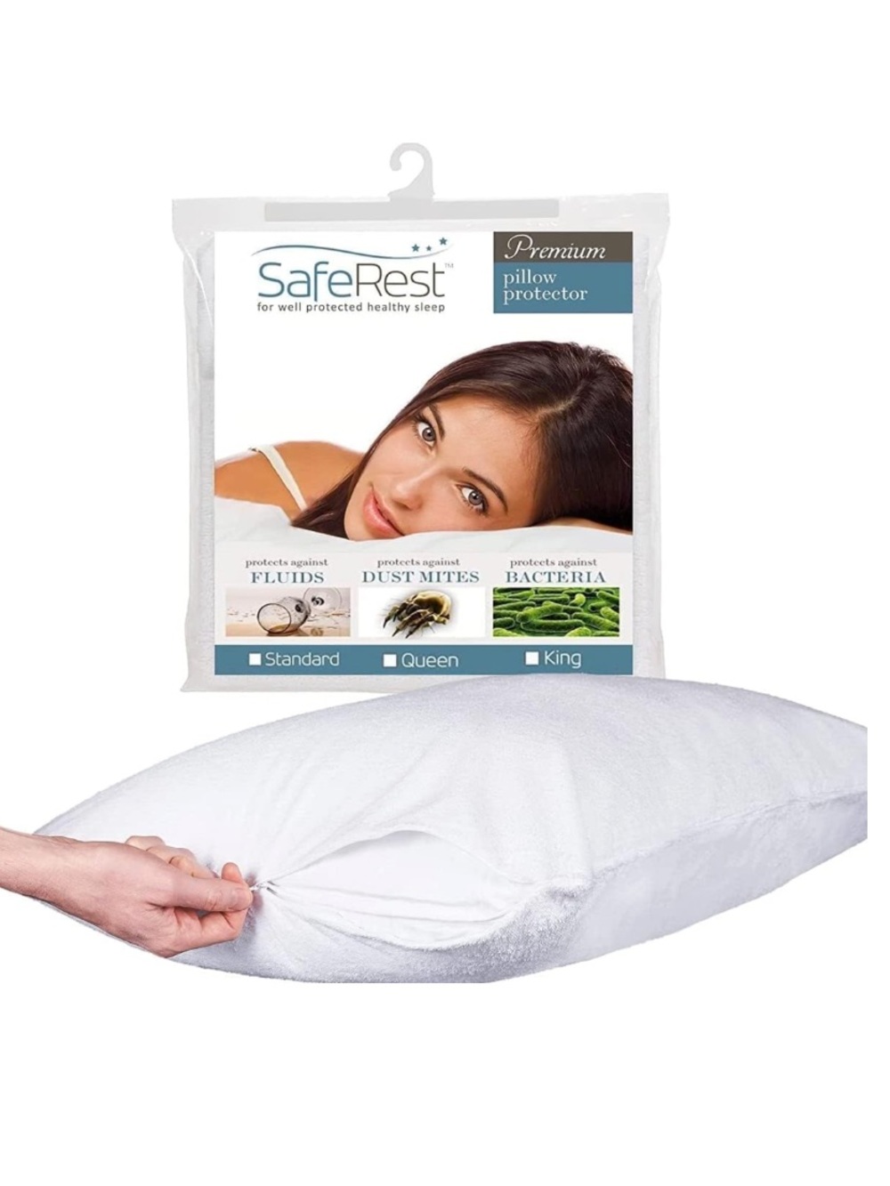 Waterproof Zippered Pillow Encasement Cotton Terry Breathable QUEEN (1-Count)
